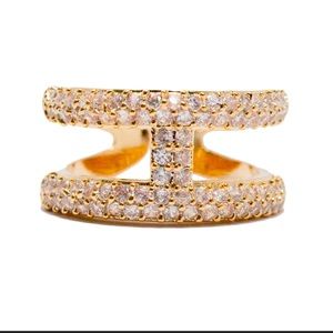 18K Gold Plated Pave CZ Stone Double Band Ring Size 7 Brand New